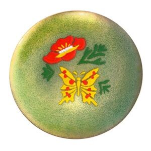 Annemarie Davidson MCM Enamel Copper Dish 4" Signed Butterfly Flower Art Bowl